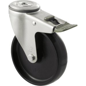 M Series castor, 125mm black nylon wheel, plain bearing, zinc fork, swivel bolt hole, direction lock, 150 kg load