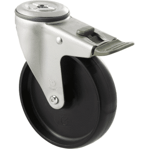 M Series castor, 125mm black nylon wheel, plain bearing, zinc fork, swivel bolt hole, direction lock, Chicago screw axle, 150 kg load