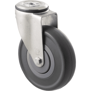 M Series castor, 125mm energy absorbent grey rubber wheel (low-profile tyre), precision bearing, thread guard, swivel bolt hole black seal & pedal, 150 kg load