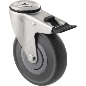 M Series castor, 125mm energy absorbent grey rubber wheel (low-profile tyre), precision bearing, thread guard, swivel bolt hole, total brake, black seal & pedal, 150 kg load