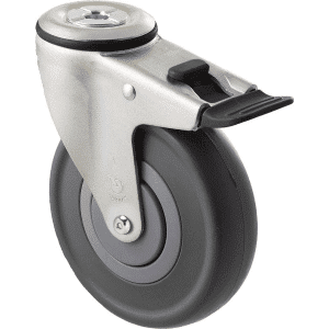 M Series castor, 125mm energy absorbent grey rubber wheel (low-profile tyre), precision bearing, thread guard, swivel bolt hole, total brake, black seal & pedal, Chicago screw axle, 150 kg load