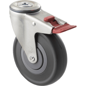 M Series castor, 125mm energy absorbent grey rubber wheel (low-profile tyre), precision bearing, thread guard, swivel bolt hole, total brake, Chicago screw axle, 150 kg load