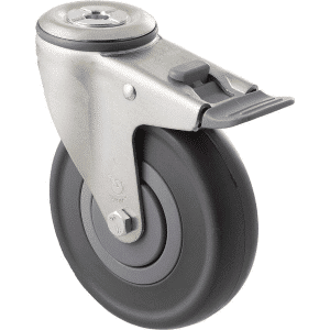 M Series castor, 125mm energy absorbent grey rubber wheel (low-profile tyre), precision bearing, thread guard, swivel bolt hole, total brake, grey seal & pedal, 150 kg load