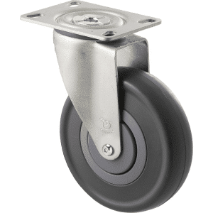 M Series castor, 125mm energy absorbent grey rubber wheel (low-profile tyre), precision bearing, thread guard, swivel plate, Chicago screw axle, 150 kg load