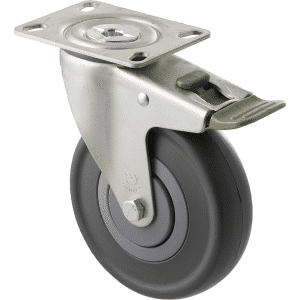 M Series castor, 125mm energy absorbent grey rubber wheel (low-profile tyre), precision bearing, thread guard, swivel plate, direction lock, 150 kg load