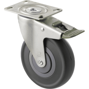 M Series castor, 125mm energy absorbent grey rubber wheel (low-profile tyre), precision bearing, thread guard, swivel plate, direction lock, Chicago screw axle, 150 kg load