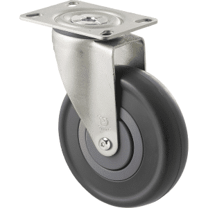 M Series castor, 125mm energy absorbent grey rubber wheel (low-profile tyre), precision bearing, thread guard, swivel North American (NA) plate, Chicago screw axle, 150 kg load