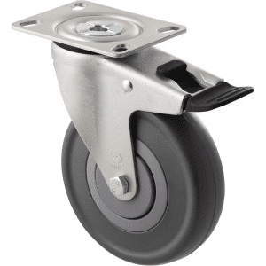 M Series castor, 125mm energy absorbent grey rubber wheel (low-profile tyre), precision bearing, thread guard, swivel North American (NA) plate, total brake, black seal & pedal, 150 kg load