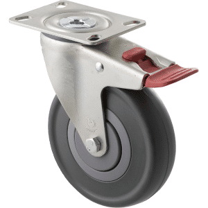 M Series castor, 125mm energy absorbent grey rubber wheel (low-profile tyre), precision bearing, thread guard, swivel plate, total brake, 150 kg load