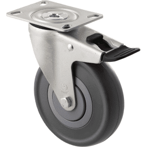 M Series castor, 125mm energy absorbent grey rubber wheel (low-profile tyre), precision bearing, thread guard, swivel plate, total brake, black seal & pedal, 150 kg load