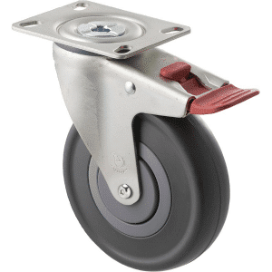M Series castor, 125mm energy absorbent grey rubber wheel (low-profile tyre), precision bearing, thread guard, swivel plate, total brake, Chicago screw axle, 150 kg load