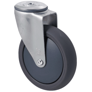 M Series castor, 125mm polyurethane on nylon wheel, plain bearing, swivel bolt hole, Chicago screw axle, Bluestone thread guard, 200 kg load