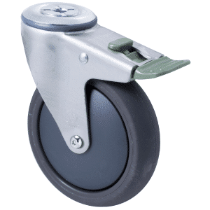 M Series castor, 125mm polyurethane on nylon wheel, plain bearing, swivel bolt hole, direction lock, Chicago screw axle, Bluestone thread guard, 200 kg load