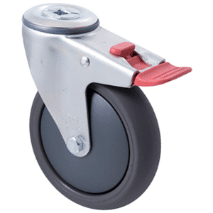 M Series castor, 125mm polyurethane on nylon wheel, plain bearing, swivel bolt hole, total brake, Bluestone thread guard, 200 kg load