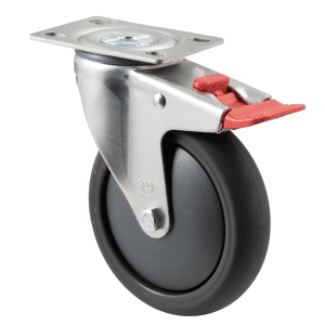 M Series castor, 125mm polyurethane on nylon wheel, plain bearing, total brake, Bluestone thread guard, 200 kg load