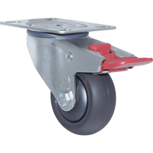 M Series castor, 75mm polyurethane on nylon wheel, plain bearing, swivel plate, total brake, Bluestone thread guard, 200 kg load